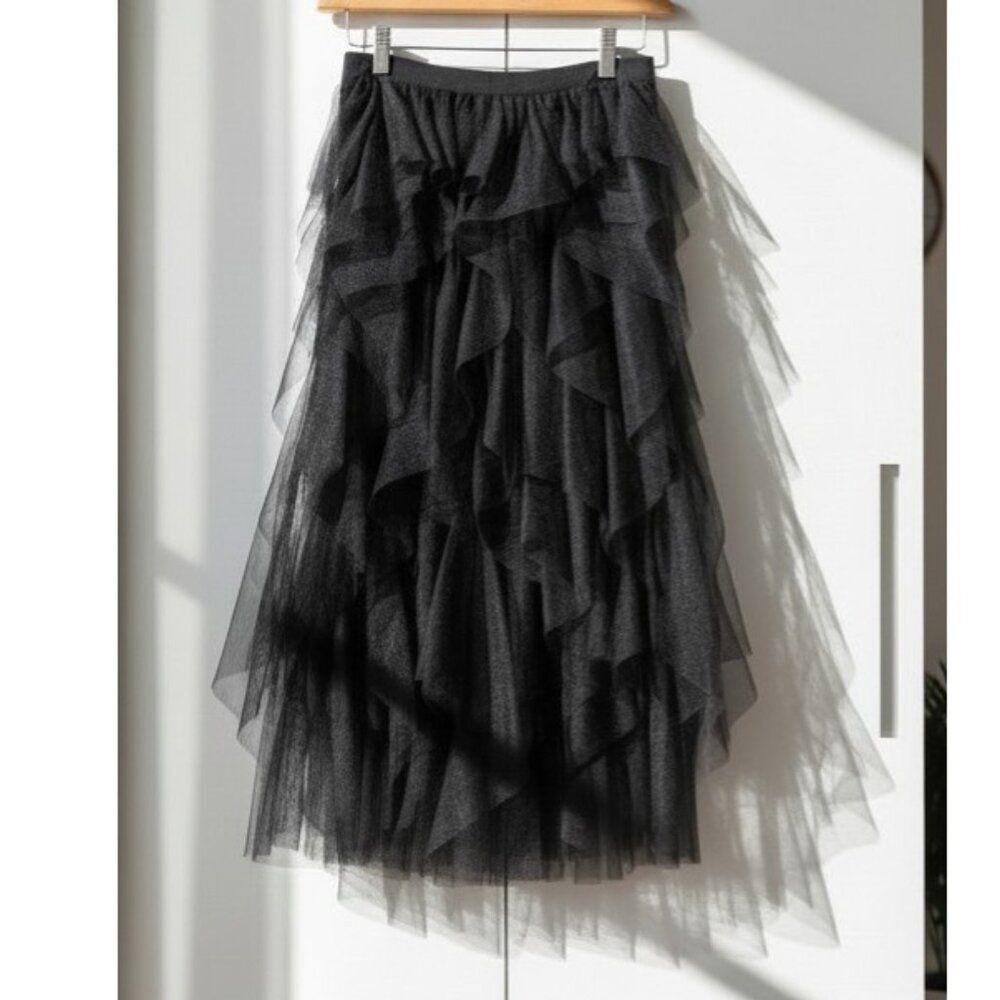 NWT‎ Black Solid Mesh Tulle Cascading skirt